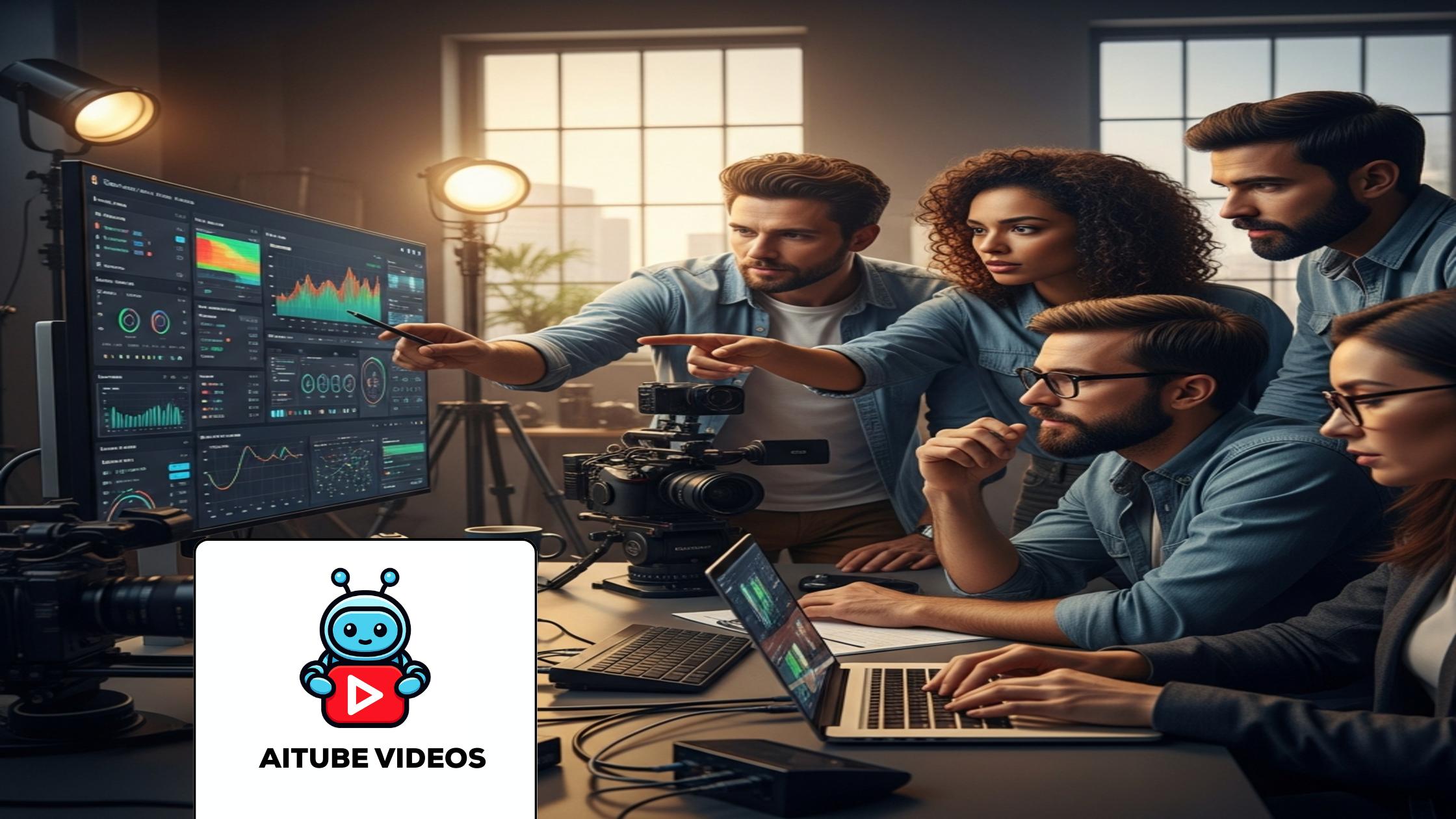 Creators analyzing AI Video Monetization performance on a digital platform dashboard in a modern studio.