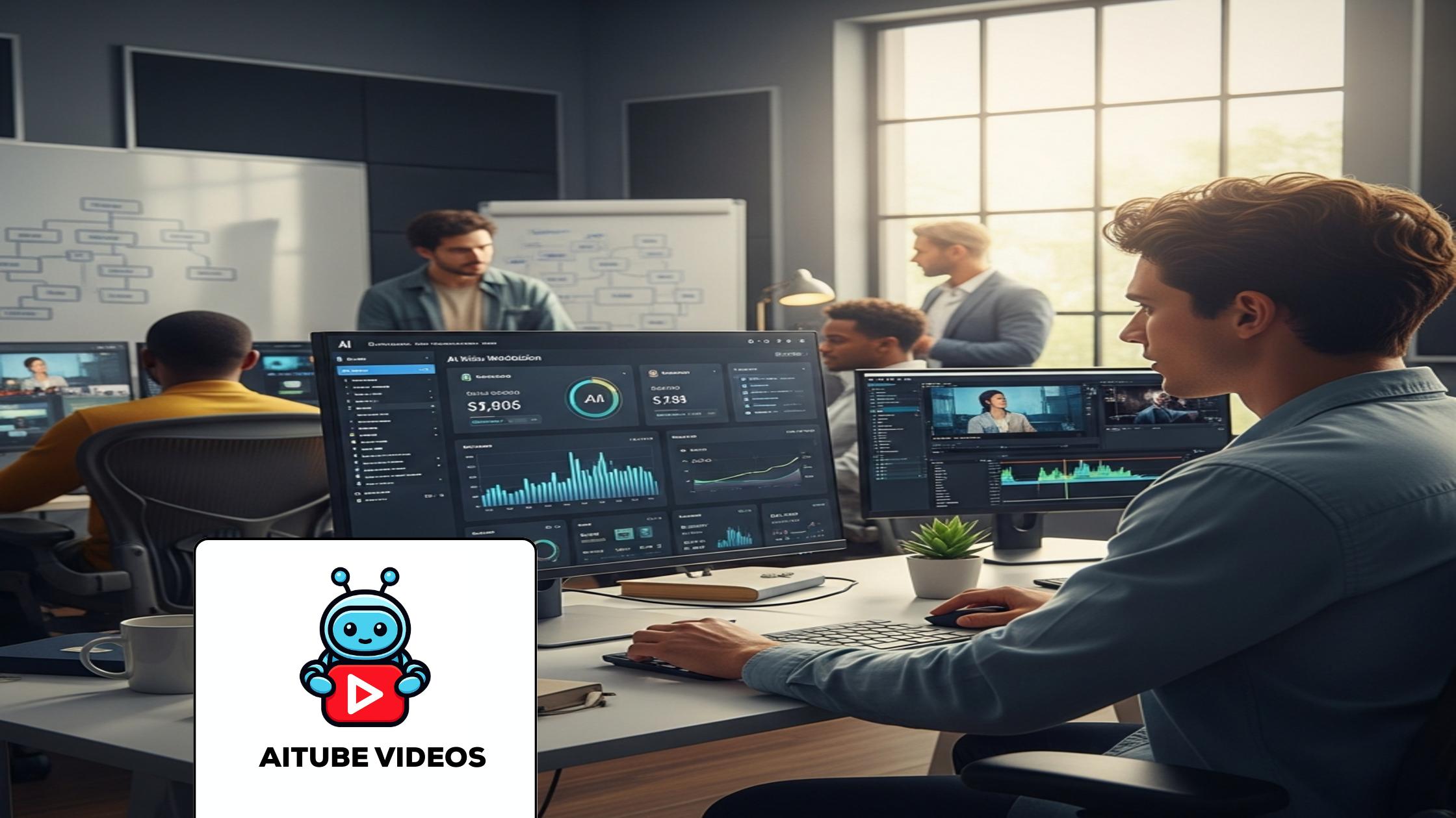 Creator reviewing AI video monetization dashboard with advanced analytics in modern studio.