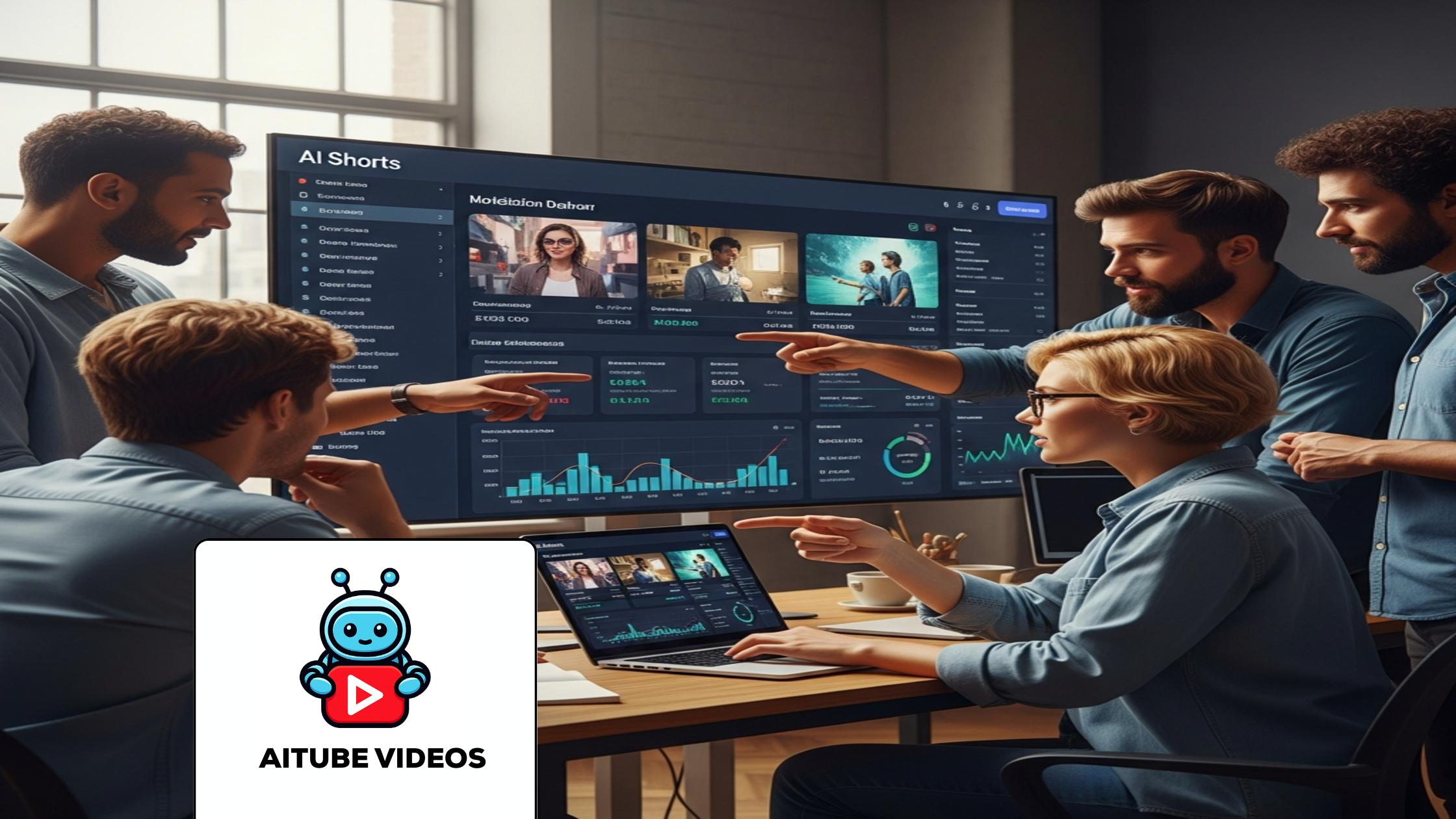 Creators analyzing AI Shorts Monetization dashboard in a modern studio, discussing revenue.