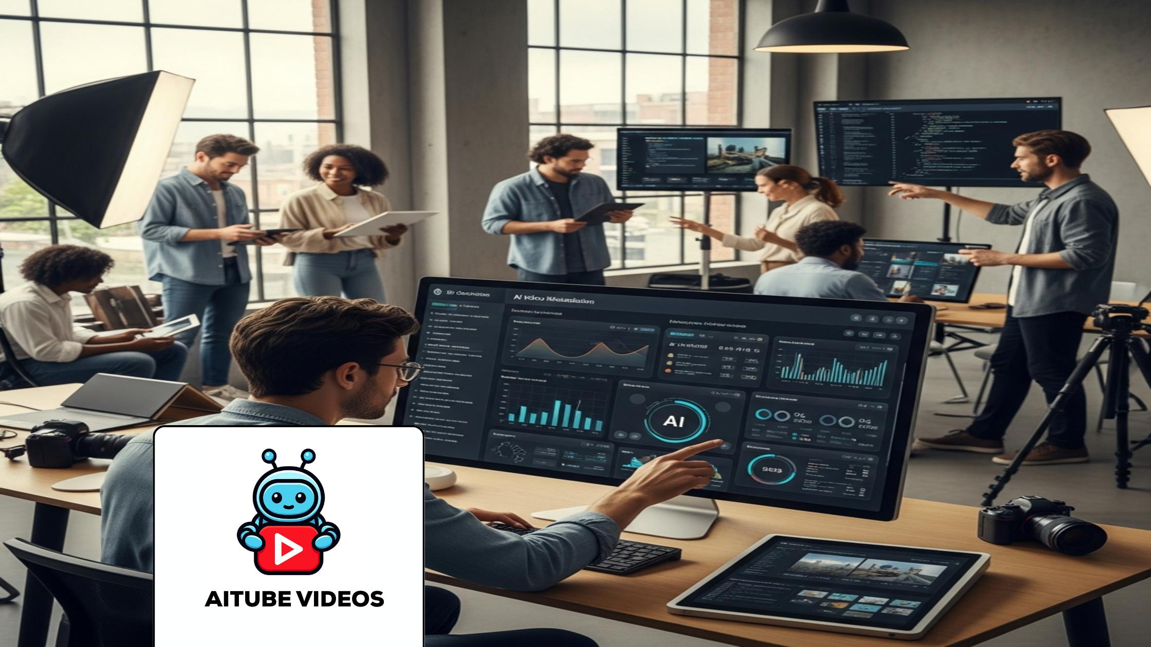 Creator analyzing AI video monetization data on a digital dashboard in a modern studio.