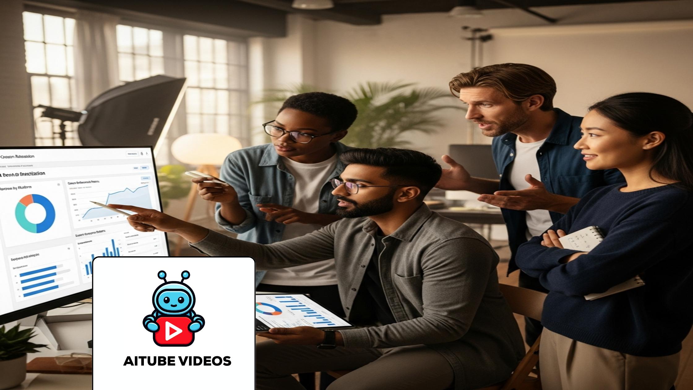 Diverse creators analyzing AI Creator Monetization dashboard, discussing revenue strategies in a modern studio.