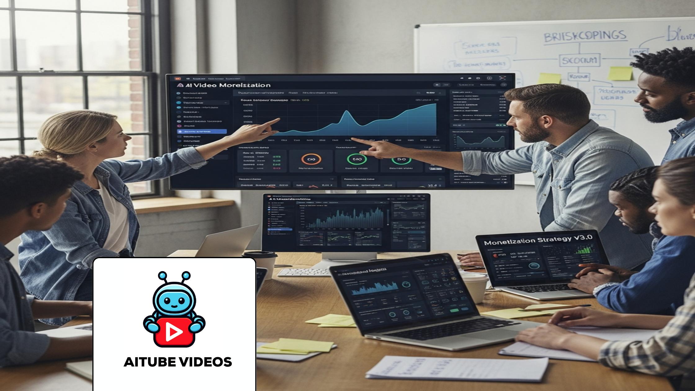 Creators analyzing AI video monetization dashboard with revenue stats in a modern tech studio.