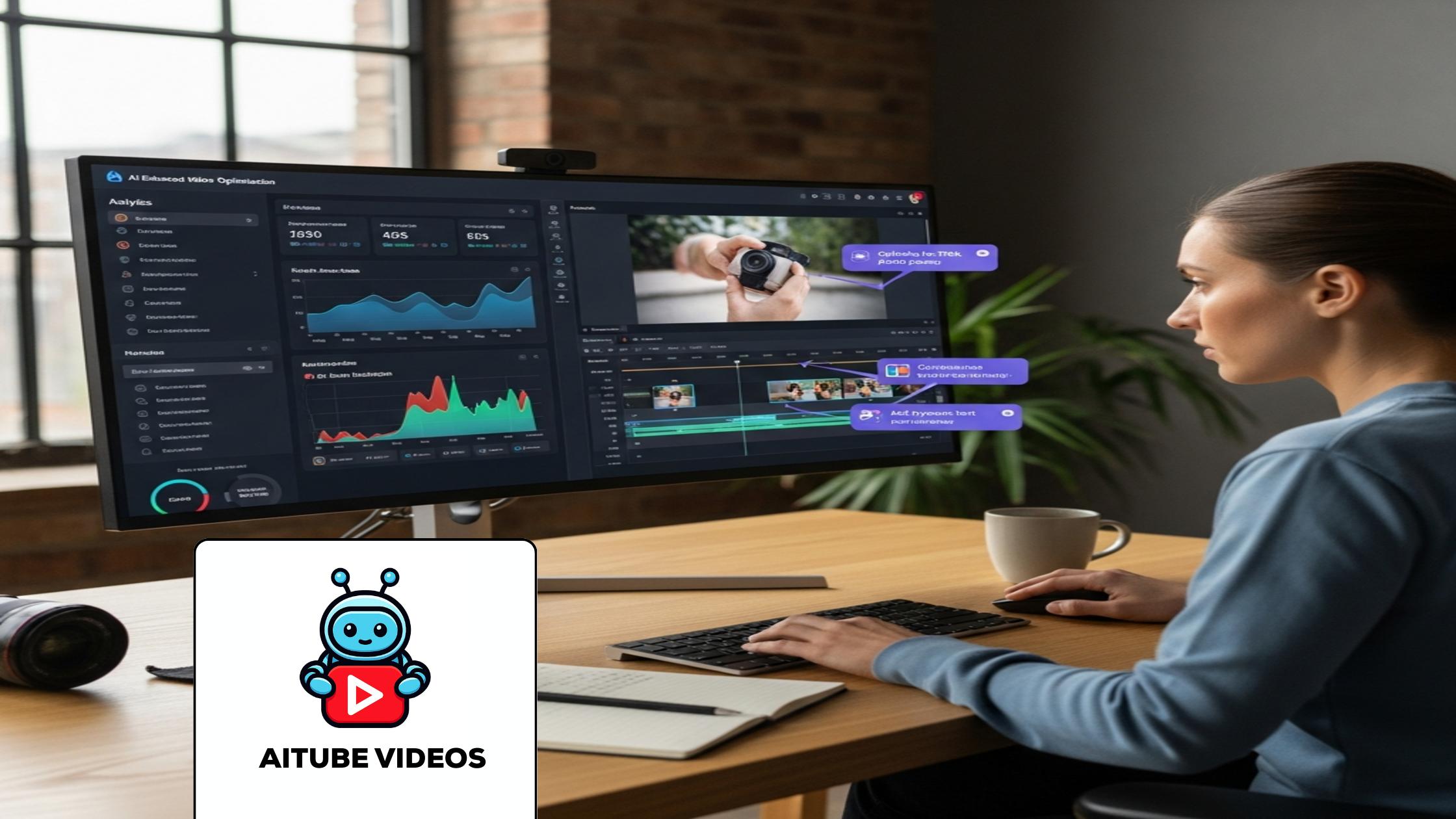 Creator optimizing AI Optimized Shorts on a monitor, displaying analytics in a modern studio.
