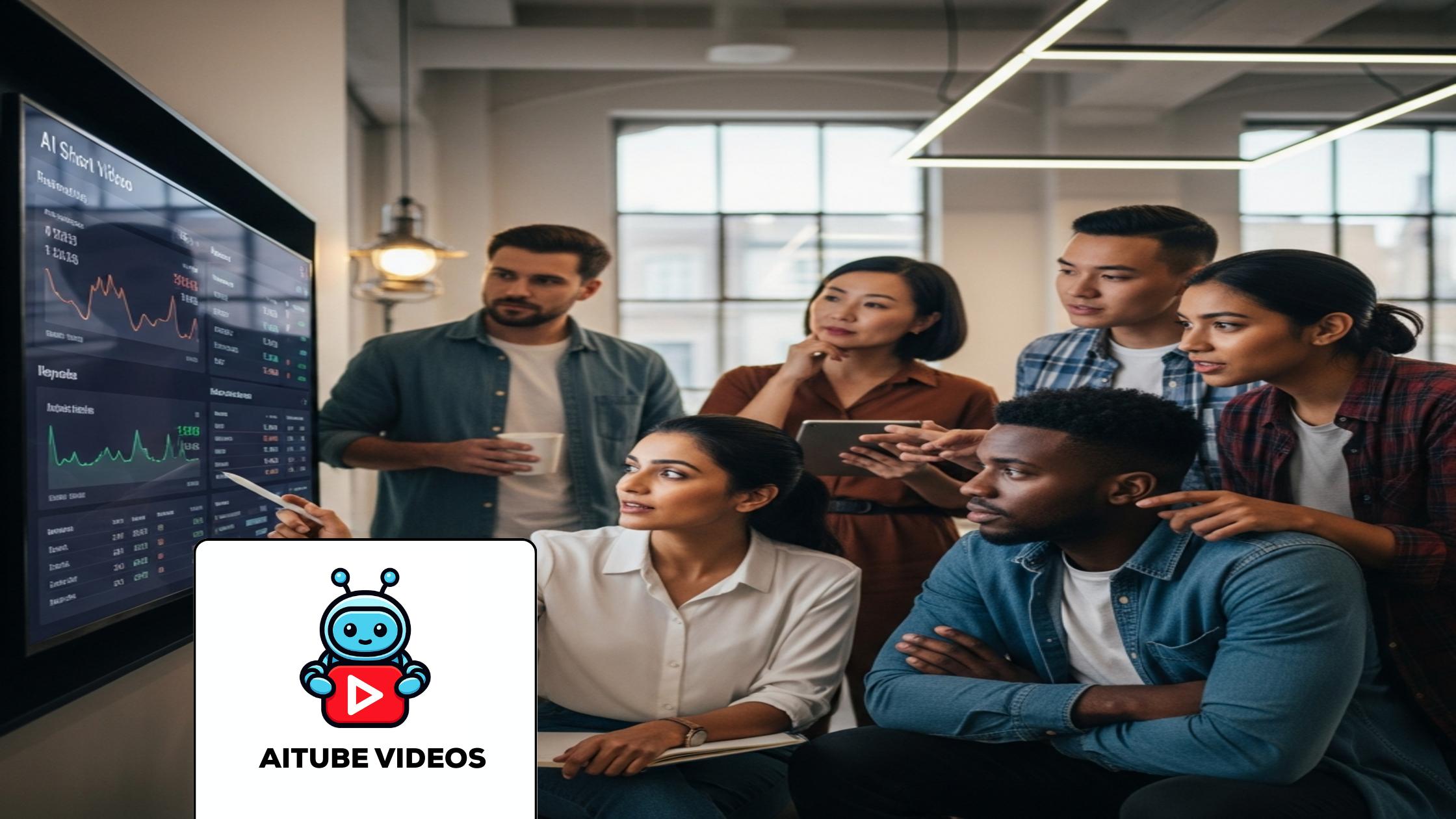 Diverse creators analyzing AI short video monetization dashboard in a modern tech studio.