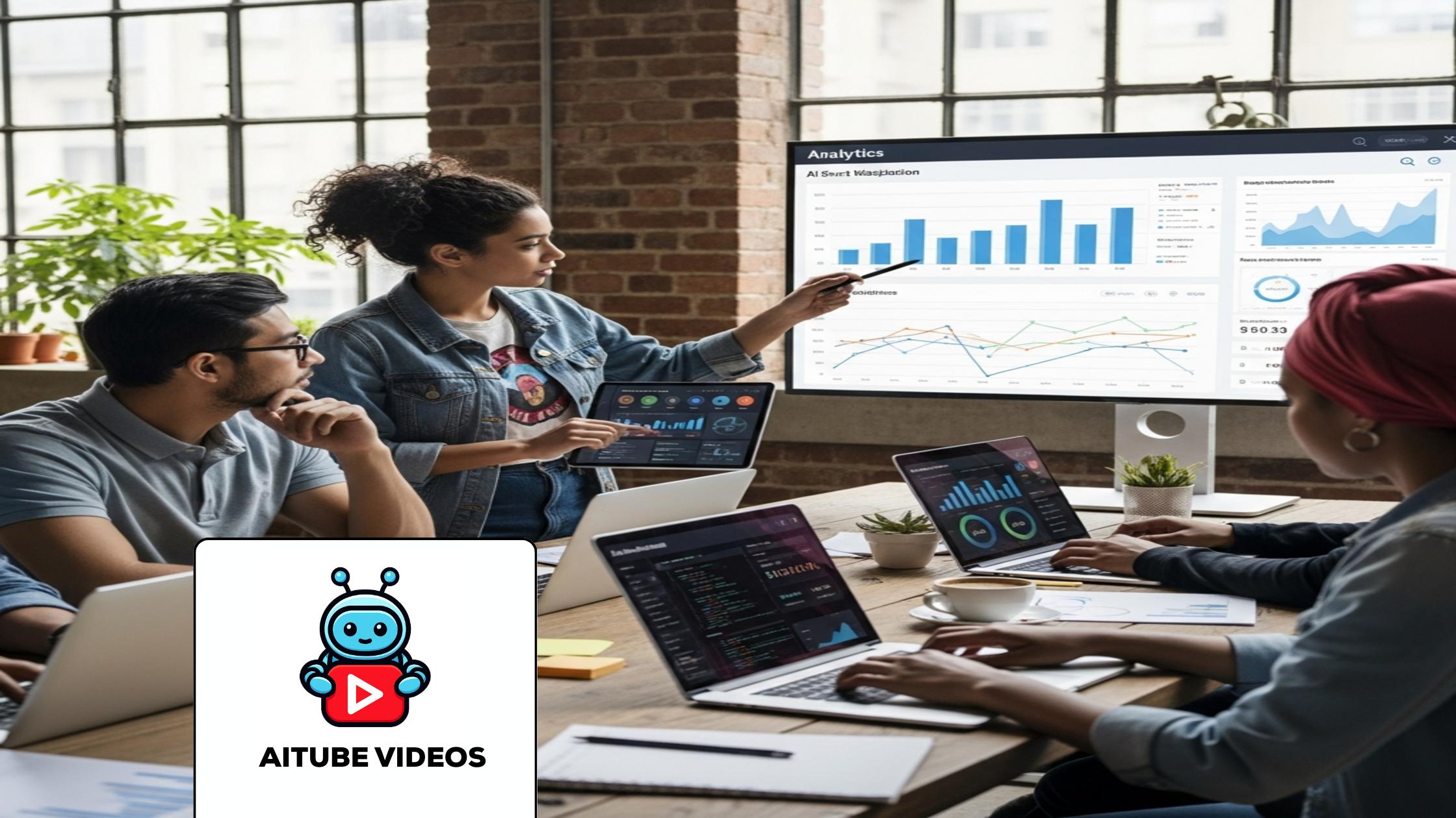 Diverse creators in modern studio analyzing AI short video monetization analytics on screen.