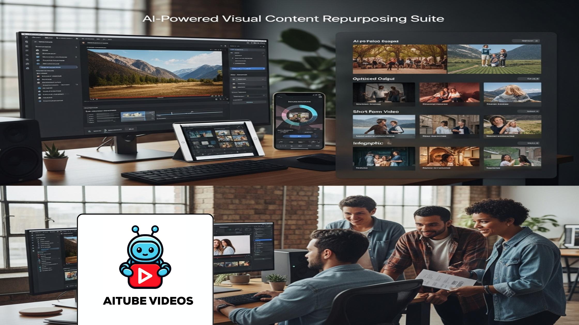 Creator using AI Video Repurposing software on a workstation, optimized content visible.