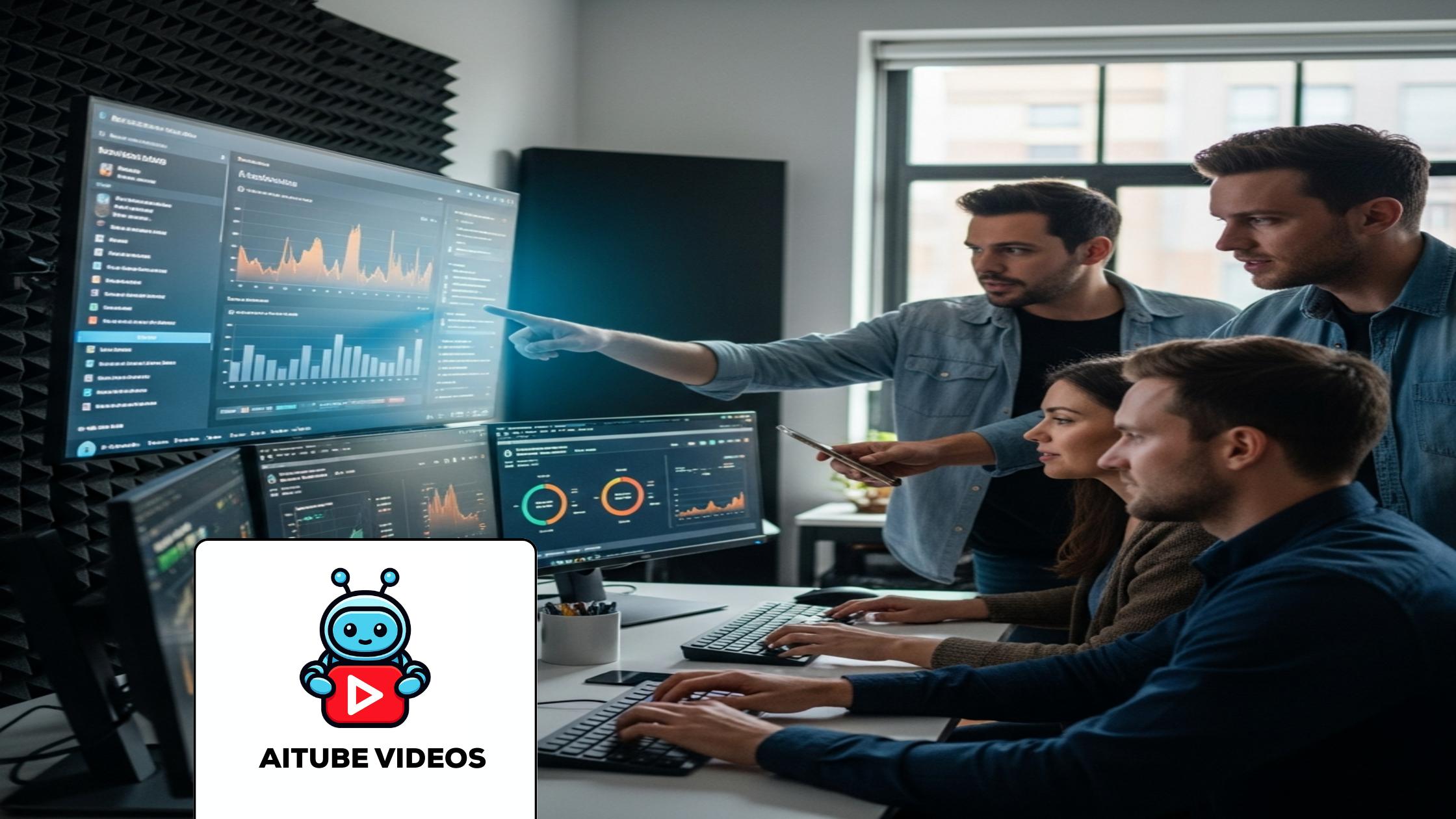 Creators analyzing Short AI Video Monetization dashboard with revenue analytics in a modern studio.